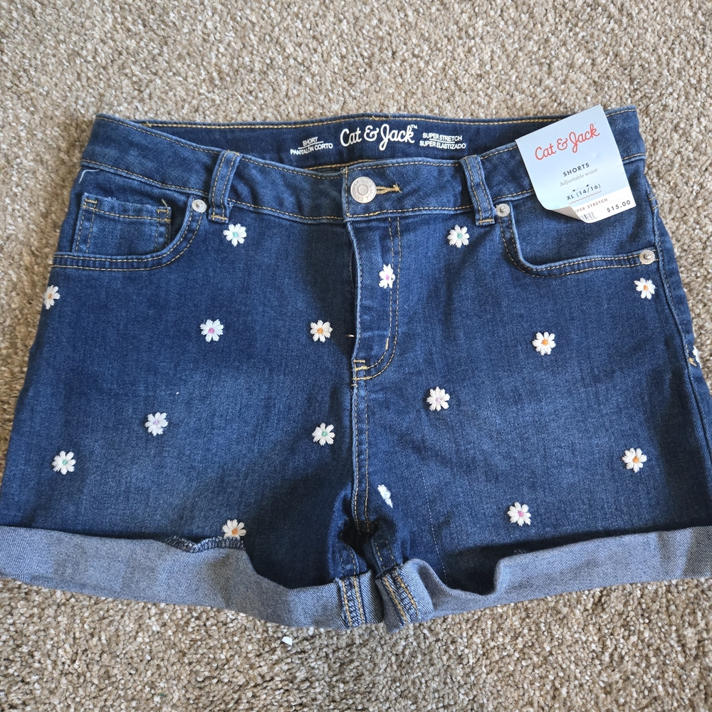 Cat & Jack Girl's Dark Blue Jean Shorts with Floral Accents